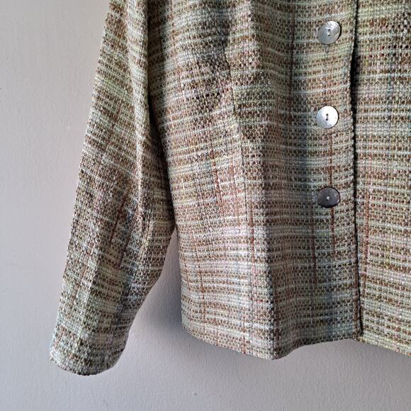 Coldwater Creek Mint Green Brown Tweed Blazer Jacket Pearl Buttons - Size 8 NWT - Picture 7 of 9
